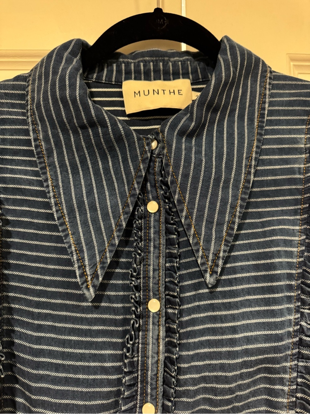 Blue Striped Ruffled Button-Front Blouse - Picture 5 of 6